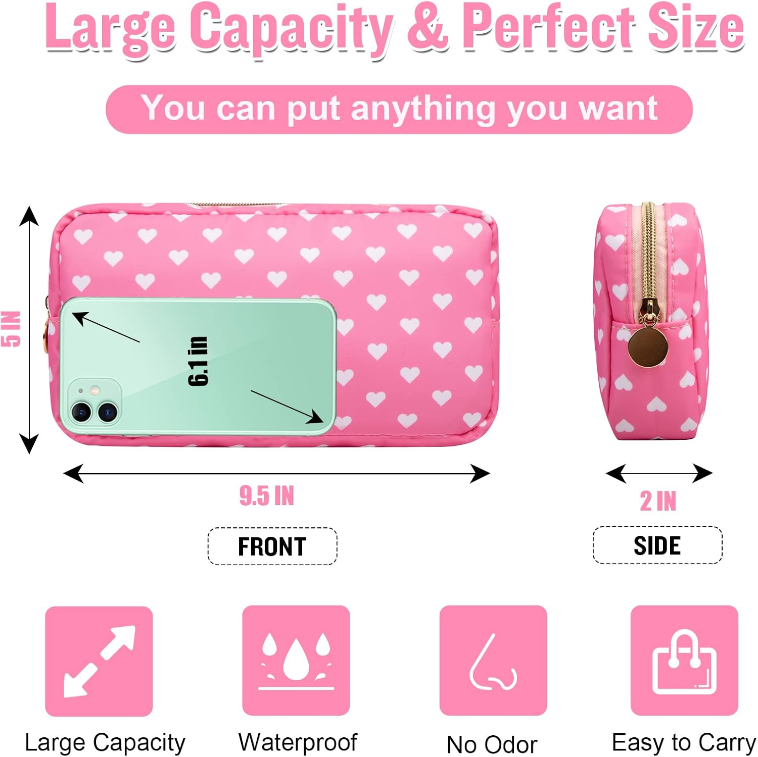 Nylon Small Makeup Bag for Purse, Cute Makeup Bag Preppy Cosmetic Zipper Pouch Purse, Waterproof Portable Travel Toiletry Bag Clutch Makeup Brush Bag Organizer Storage for Women Men Girls(Pink Heart) image 2