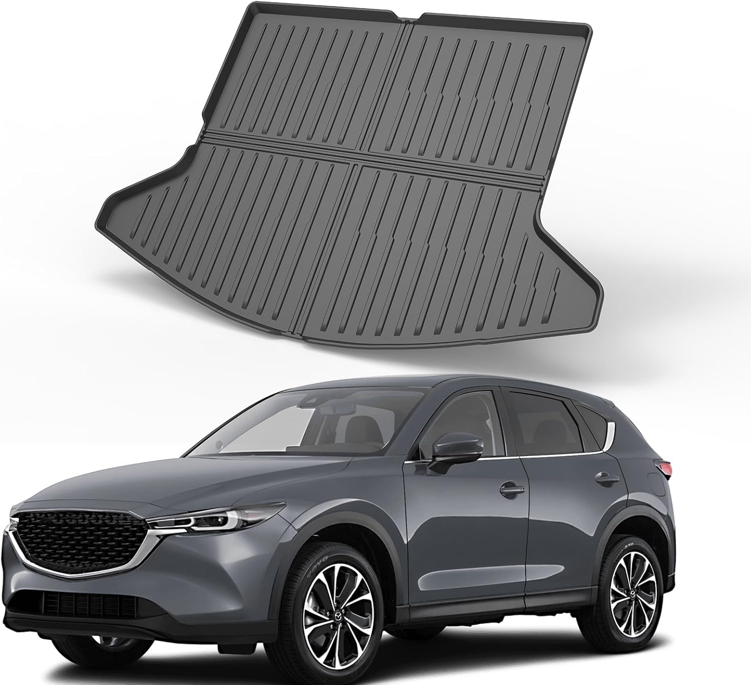 PSLER Custom Cargo Liner for Mazda CX-5 2017-2024, All Weather Waterproof TPO Rubber Trunk Mat, 21.6x19.6x1.96 inches, 2 Pieces, Includes Seat Storage Hanging Bag