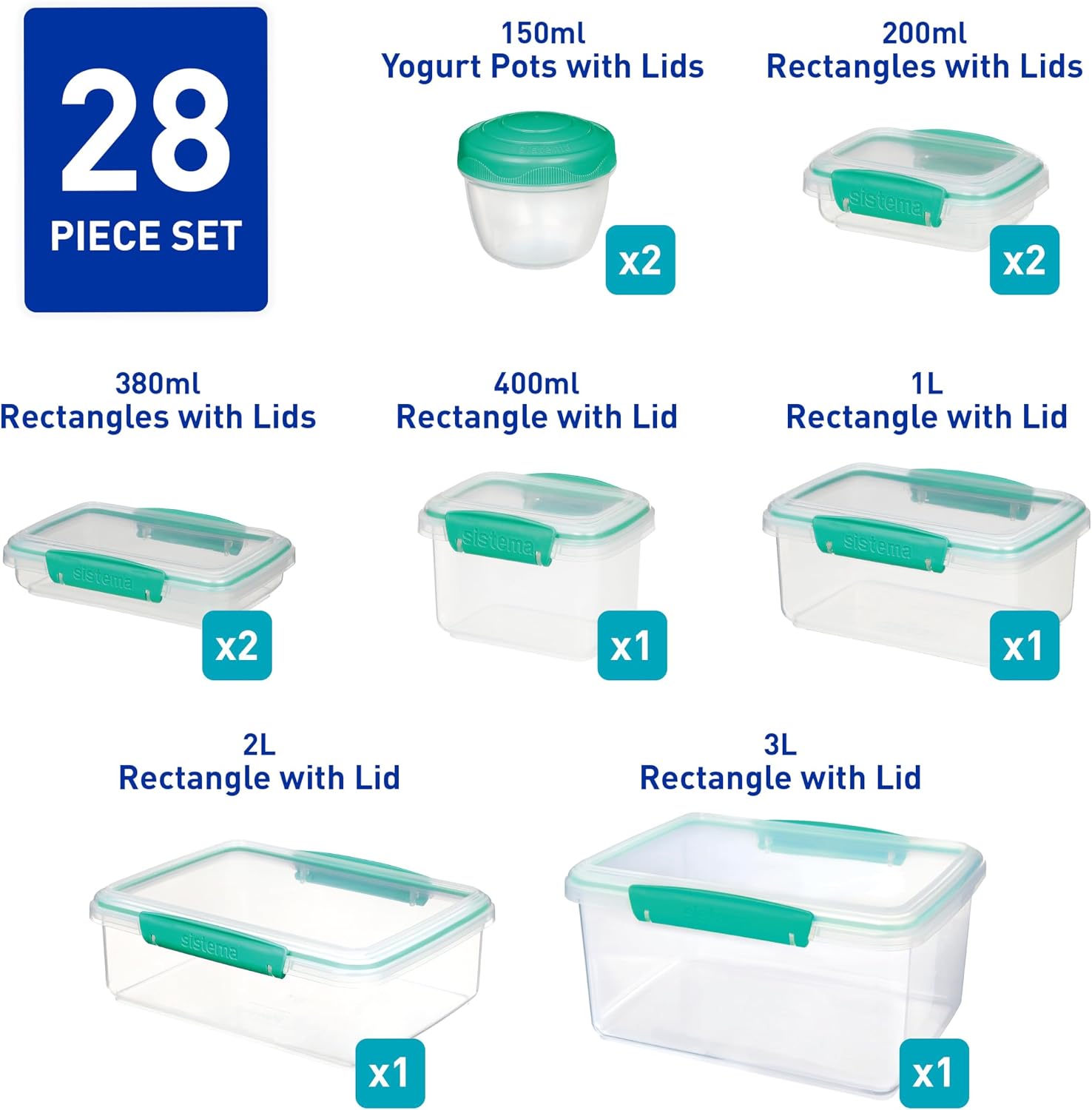 Sistema KLIP IT Storage Containers, Airtight and Stackable Food Storage Containers with Lids, Lunch Boxes and Snack Boxes, BPA-Free, 28 Pieces (14 Cans and Lids) image 2