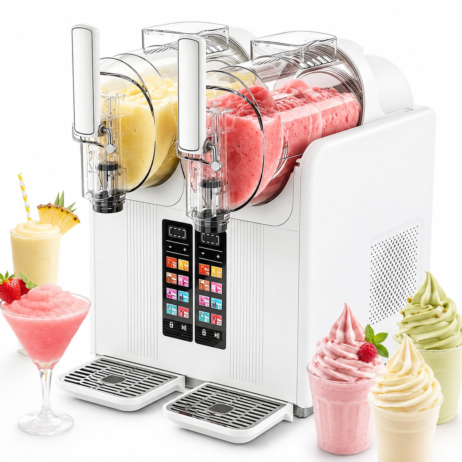 Macchina Per Granite A Doppia Vasca Da 2 Litri,Senza Ghiaccio,Per Uso Domestico E Commerciale,Con 7 Programmi Preimpostati,Autopulente,Ideale Per Bar,Caffetterie,Feste E Gelaterie White