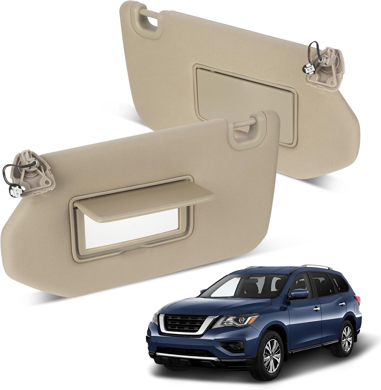 Sun Visor Driver&Passenger Side for 2013-2018 Nissan Pathfinder, 2014-2017 Infiniti QX60, 2013 Infiniti JX35, Beige, Left&Right Visor with Light Mirror, Replacement#964019PB0A 964009PB0A