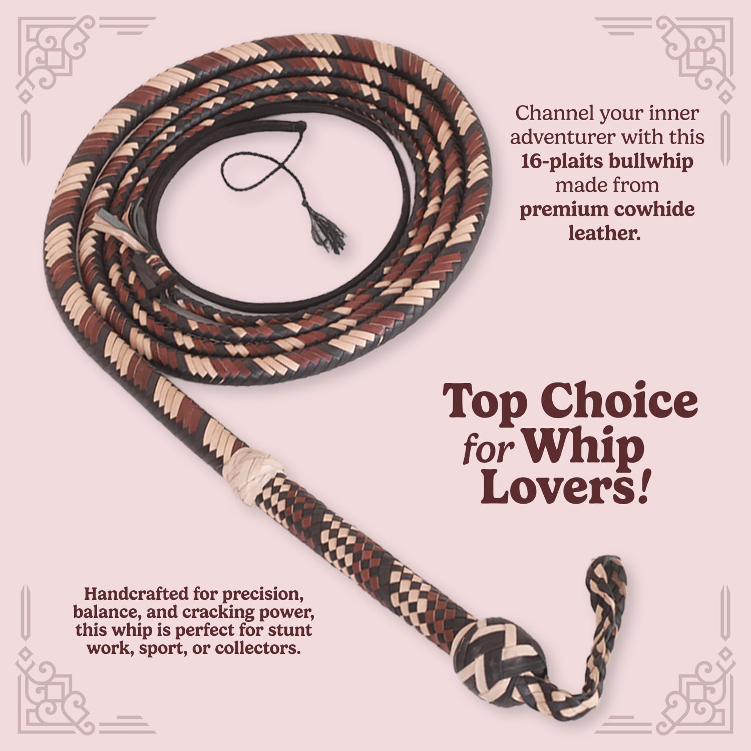 Bull Whip 06 to 16 Feet 16 Strands Cowhide Leather Equestrian Bullwhip Leather Plaited Flexible Bellies