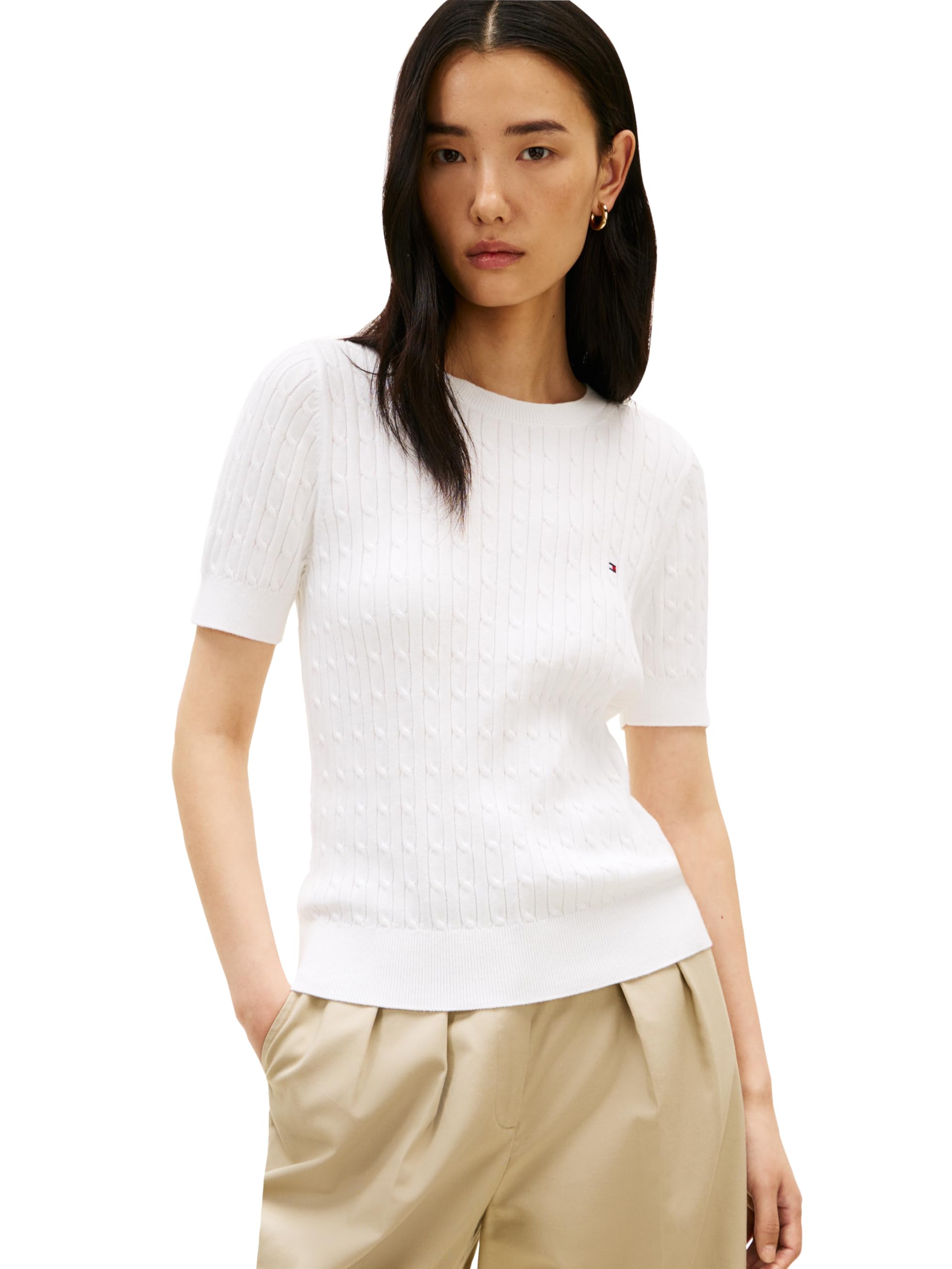 Women's Lightweight Pullover Short Sleeve Cable Knit Crew Neck Sweater
