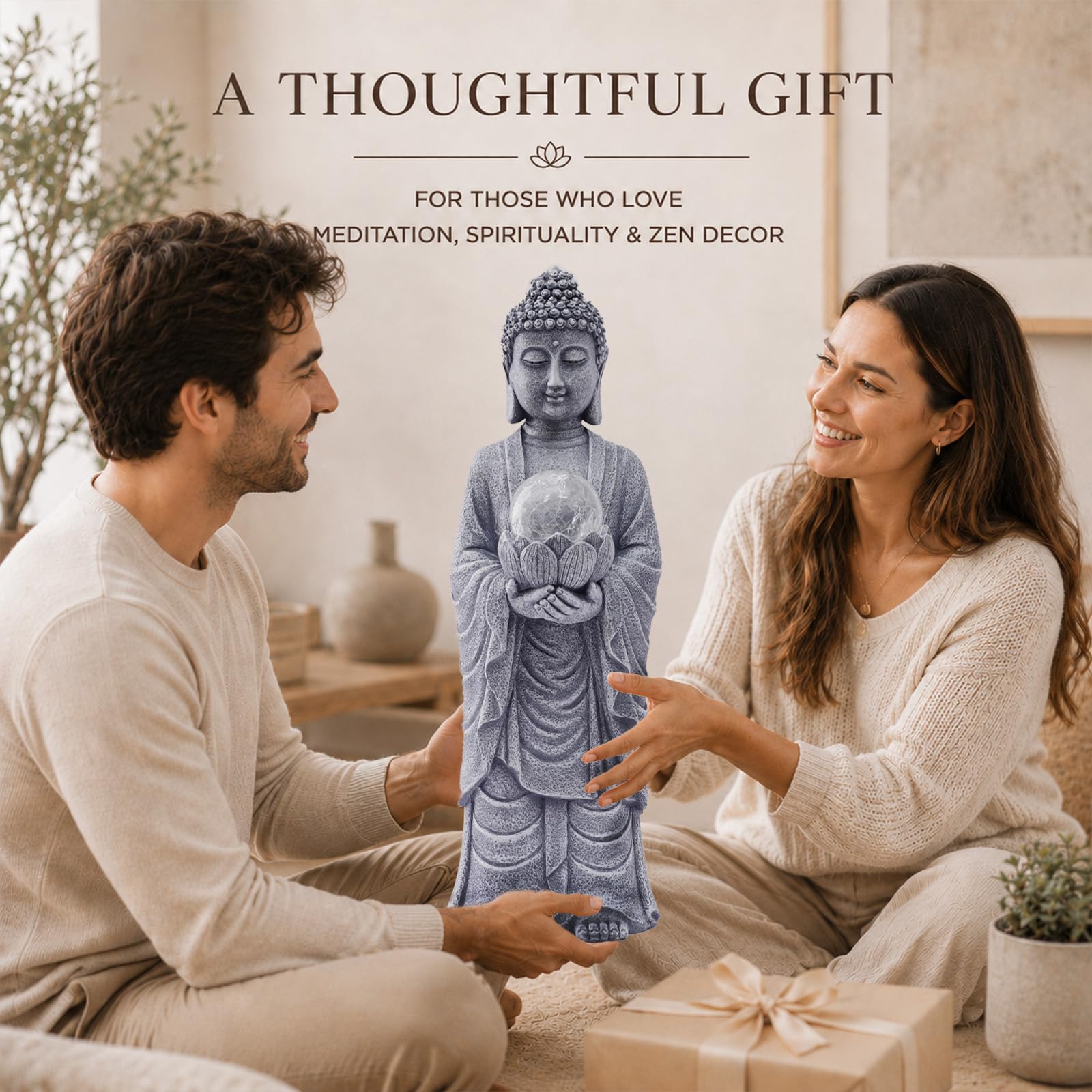 Goodeco Statue de Bouddha solaire avec boule de lotus – 47 cm Zen