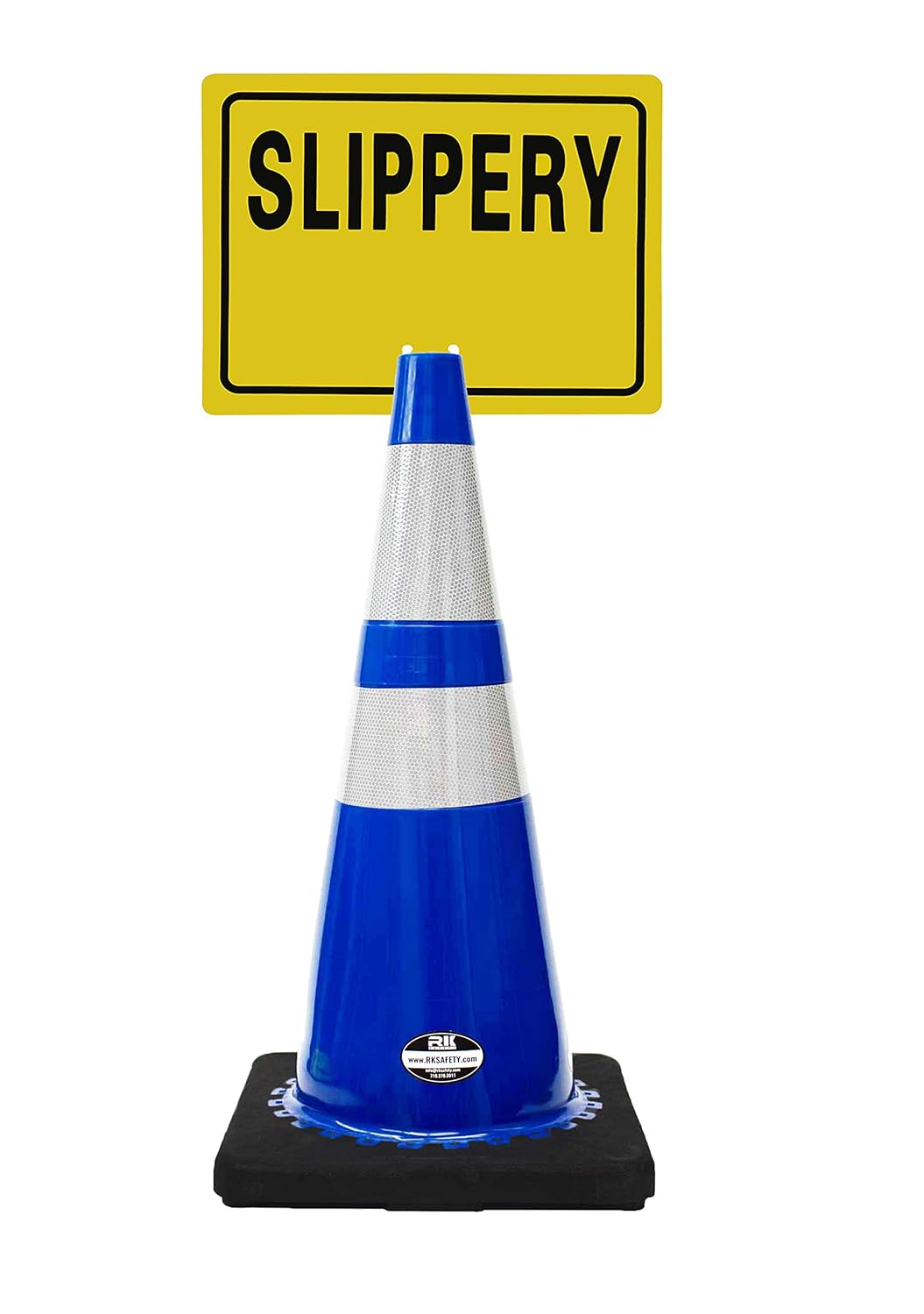 RK-Safety 28" Blue Cone, Black Base with Two Reflective Tape, Plus Cone Sign 37 "Slippery", (Cone-2 ea + Cone Sign-2 ea)