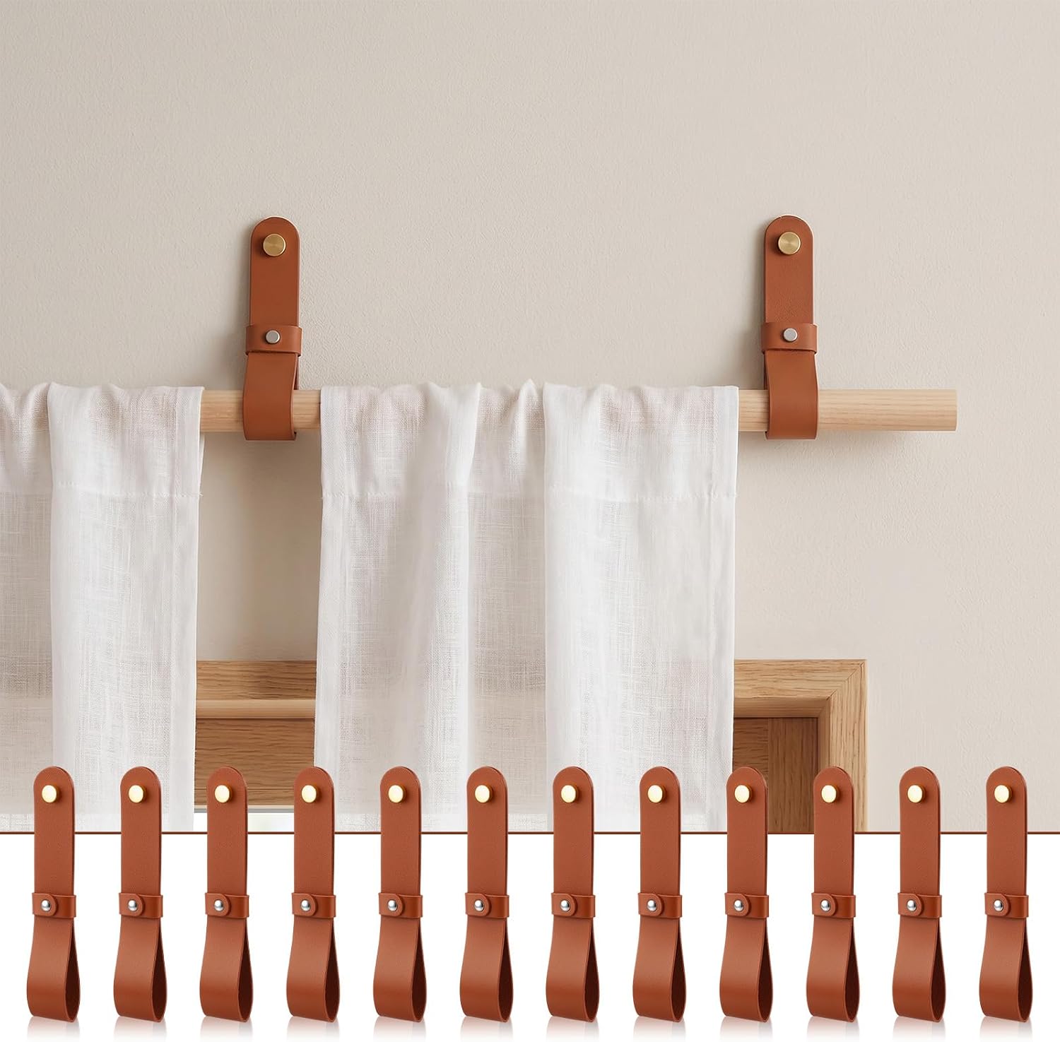 12 PCS Leather Curtain Rod Holder, PU Leather Curtain Rod Holders for Towels, Oars, Curtain Rods, Home Decor, Brown