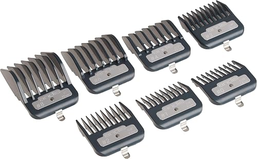Andis Master Series Premium Hair Clipper Attachment Comb Set, Clipper Guards Cutting Guides with Metal Clip, Black, 7 Count