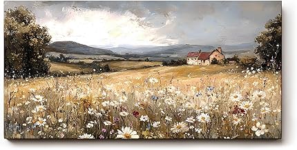 Sinus Art Wall Picture 120 x 60 cm Soft Nature Motif with Blooming Meadow, Wildflowers and Farm in Wide Hills Landscape