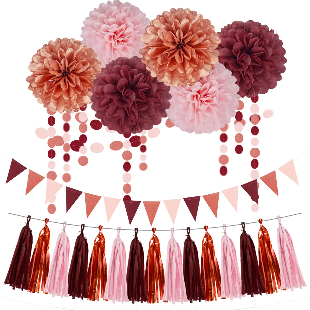 Rose-Gold Pink Burgundy Party Decorations,23pcs Tissue Paper Flower Pom Poms Tassel Garland Pennant Banner Flags Streamers Women Girl Birthday Baby Bridal Shower Engagement Bachelorette Wedding Decor