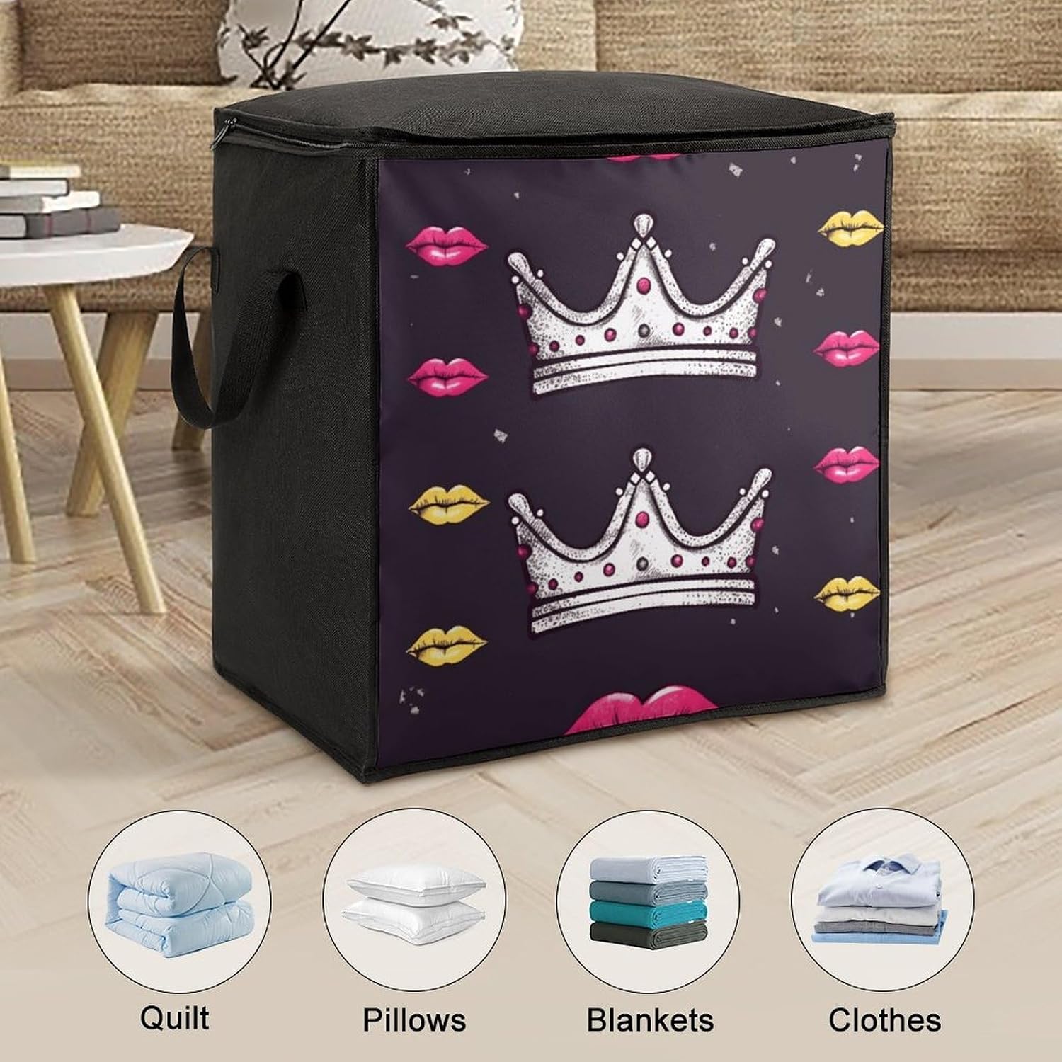 Crown And Lips Storage Bags Moving Bags Storage Bins | Comforter Storage Bag Reinforced Handles & Zippers Foldable Closet Organizers and Storage for Blanket Pillow Clothes