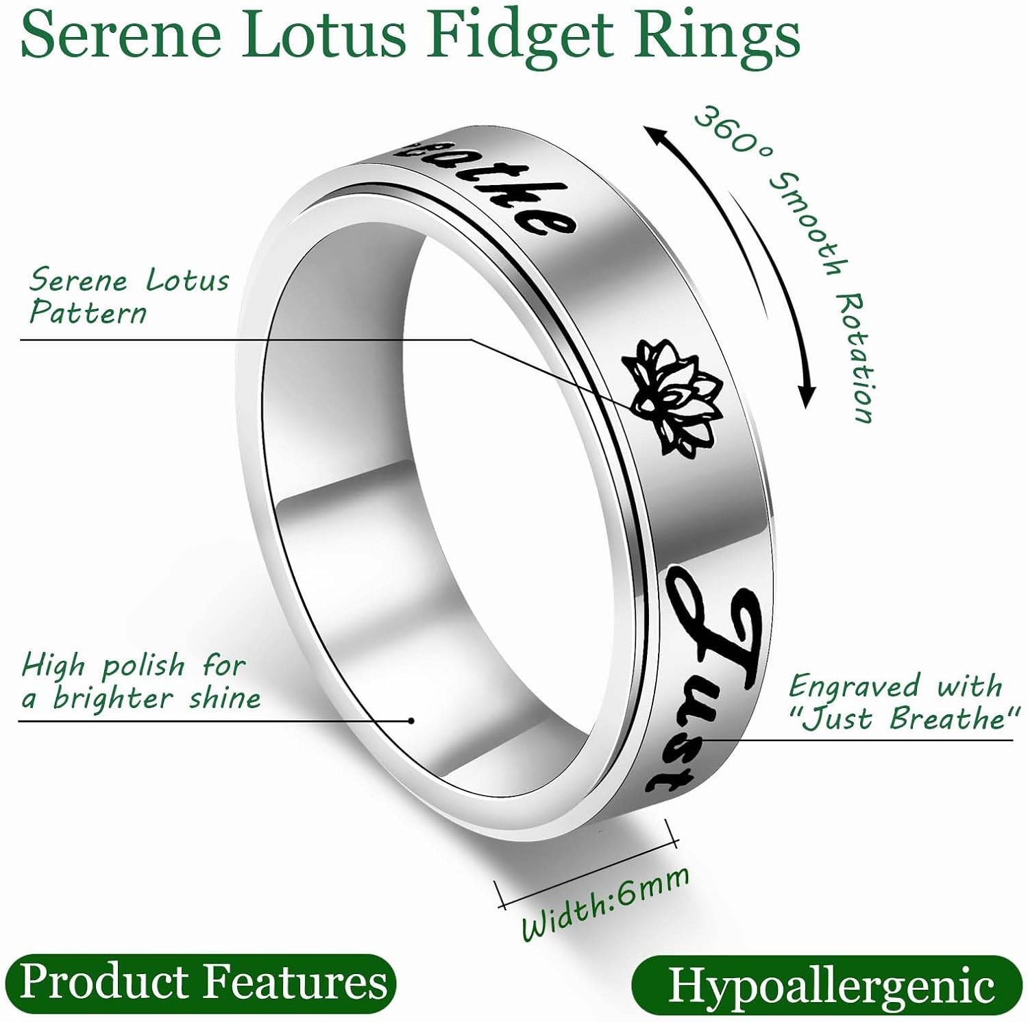 Serene Lotus Fidget Ring: Just Breathe Anxiety Spinner Ring for Women, Floral Pattern Rotating Band for Calm & Focus, 18K Gold Plated Stainless Steel Jewelry Gift
