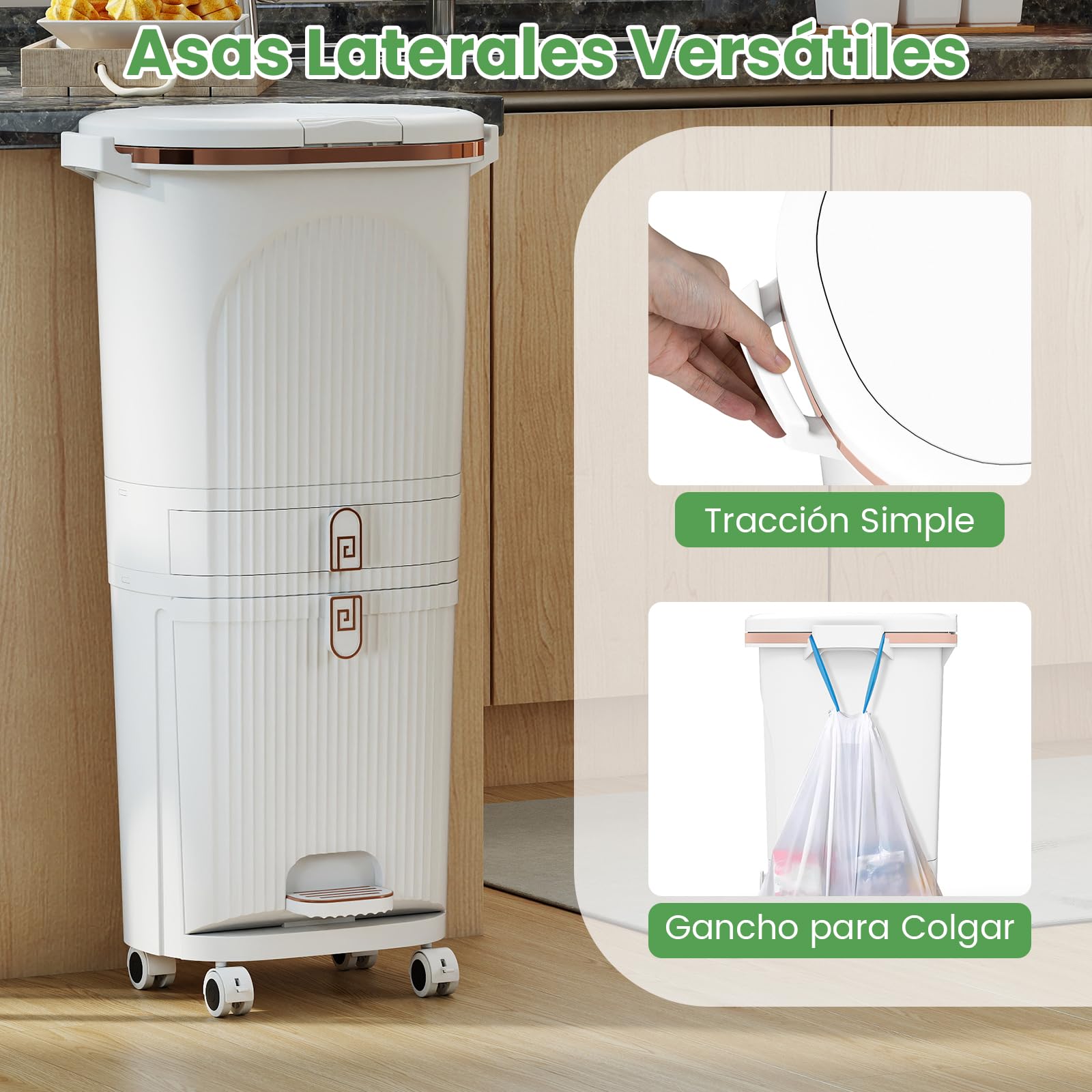 COSTWAY Cubo de Basura Cocina Reciclaje de 42L (12+12+14+4) L, Papelera de Reciclaje con 3 Compartimentos, 2 Cubos Extraíbles, Pedal y Ruedas, Contenedor de Residuos Cocina, 43x29x82,5 cm, Blanco