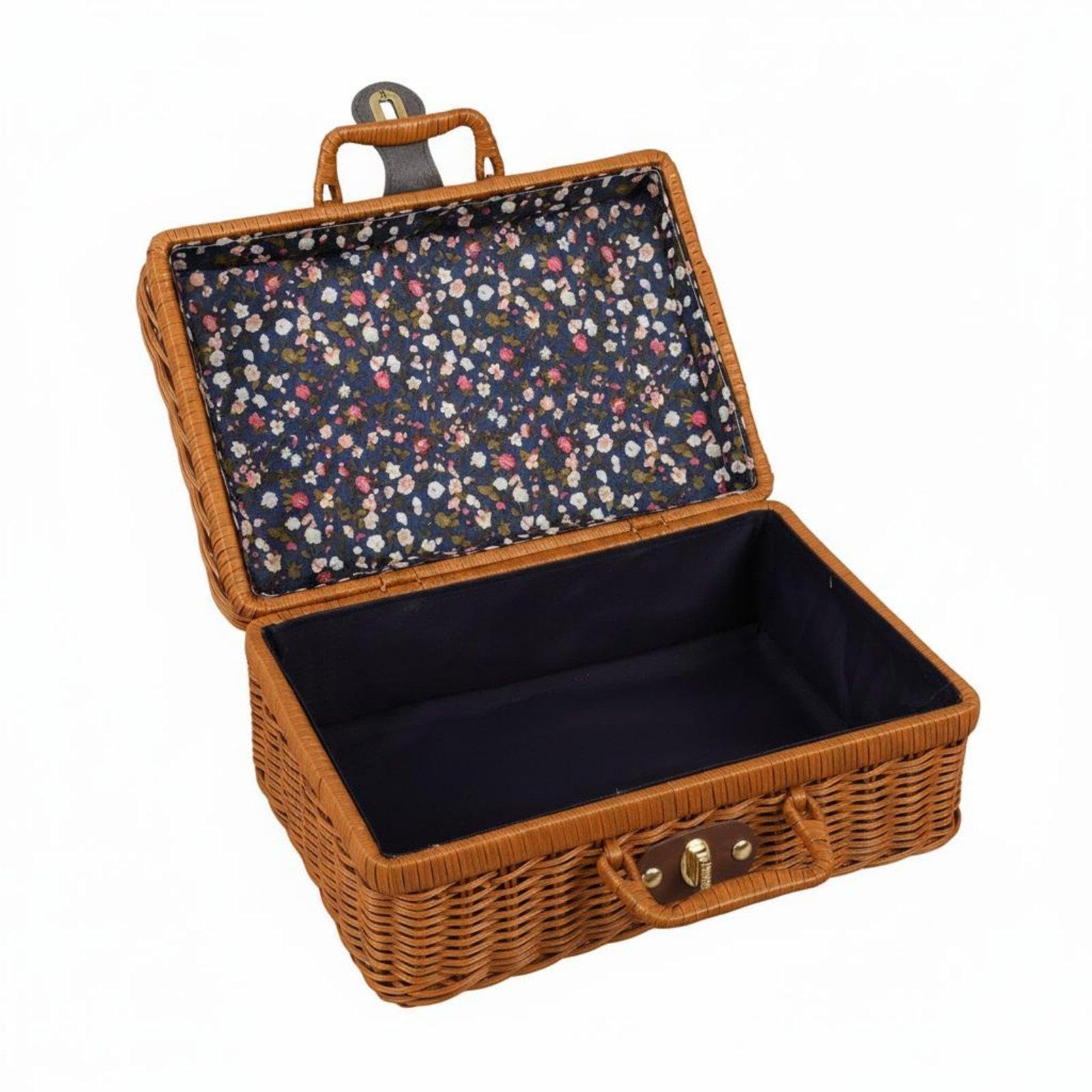 Meadawgs®Vintage Design Suitcase with Handle Woven Suitcase Artisanal Appearance Vintage Design Storage Trunk for Bridesmaids, Women, Wedding, Photoshoot Prop 30-21-13cm Classic Navy Floral|Travel-image-43