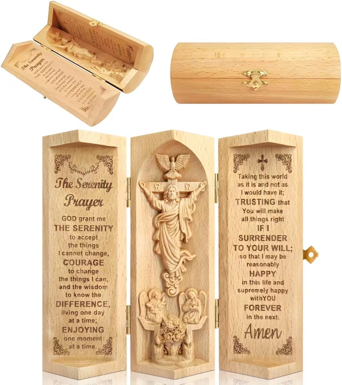 Easter Gift Jesus Statue Wood Sculpture, Christian Wooden Sculptures Three-Sectional Cylinder Design, Jesus Figurines Religious Jesus Wood Carving, Catholic Home Office Decor, Serenity Prayer Boxwood