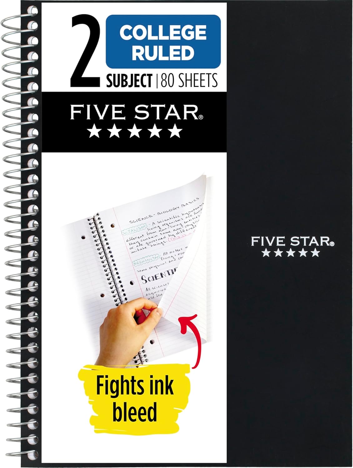 Five Star Spiral Notebook, 2 Subject, College Ruled Paper, 6″ x 9-1/2″, 80 Sheets, Fights Ink Bleed, Water Resistant Cover, Black (840029AA2-ECM)