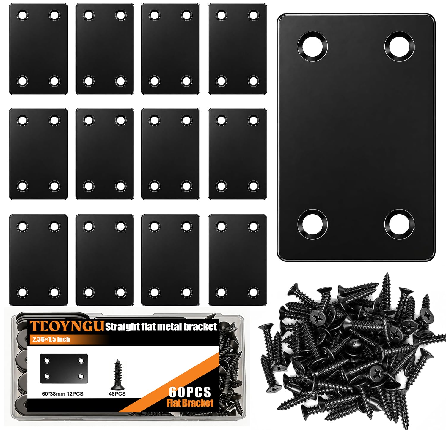 60PCS 2.36×1.5 Inch Flat Plate Straight Bracket, Flat Brace Bracket,Stainless Steel Metal Brace Bracket for Wood with 48PCS Screws