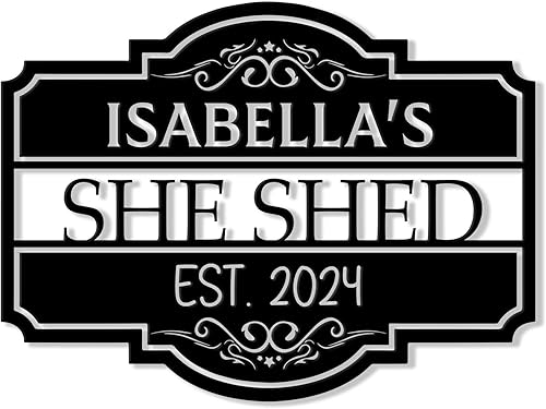 Letrero de metal personalizado con texto en inglés She Shed Decoración de pared con nombre personalizado para jardín, porche, patio, valla o