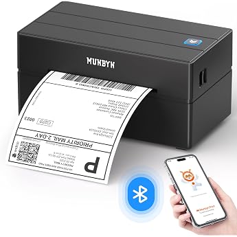 MUNBYN DHL Bluetooth Label Printer 4x6 Shipping Labels Printer Thermal Printer Label Printer for Shopify Etsy DHL DPD GLS UPS with 25 Labels Without Ink 130B Black