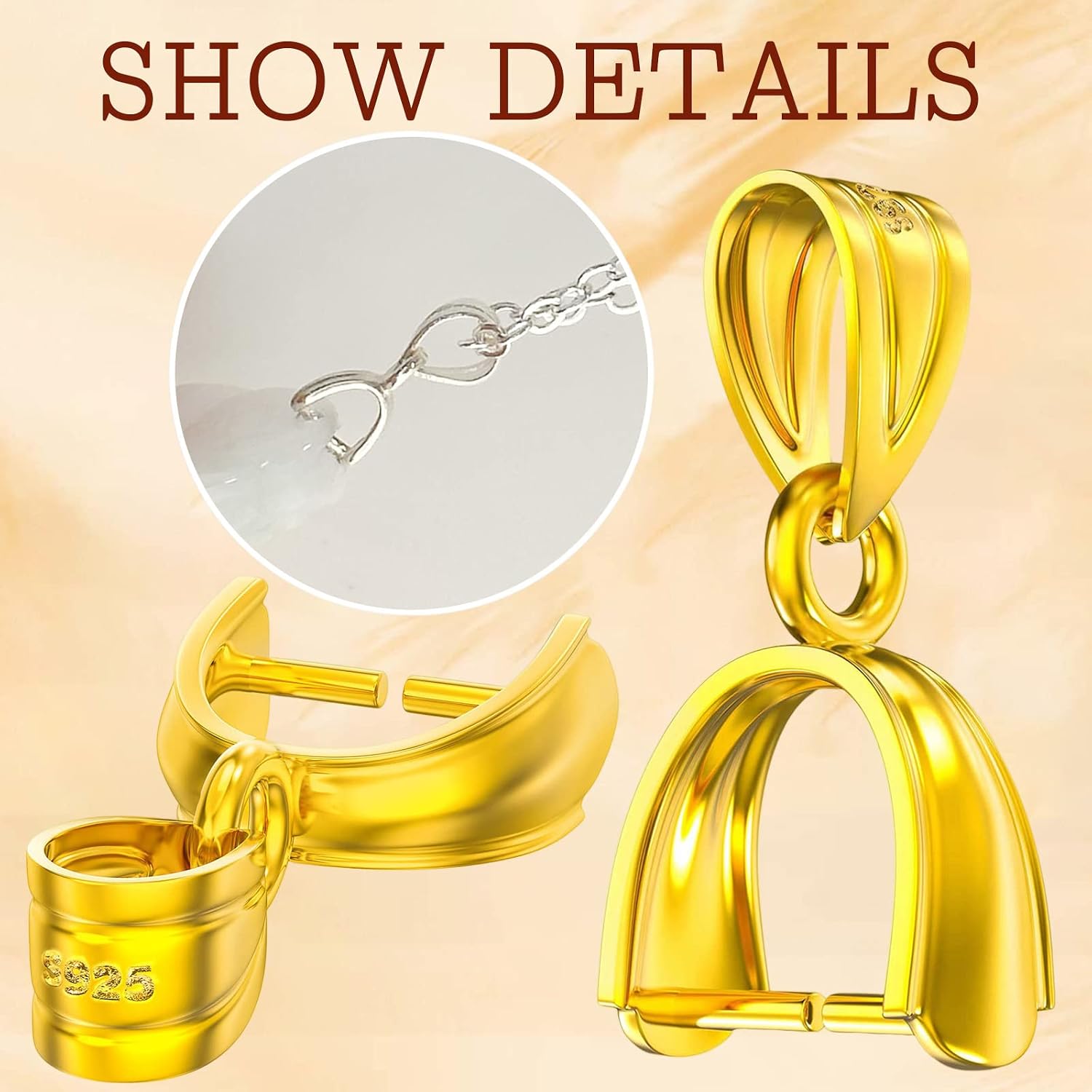 14K Gold Plated 925 Sterling Silver Pinch Bails for Jewelry Making Pendant Clasp Pinch Clip Bail Clasp 3 Sizes Pendant Jewelry Connector for Necklace Dangle Charm DIY Craft Making