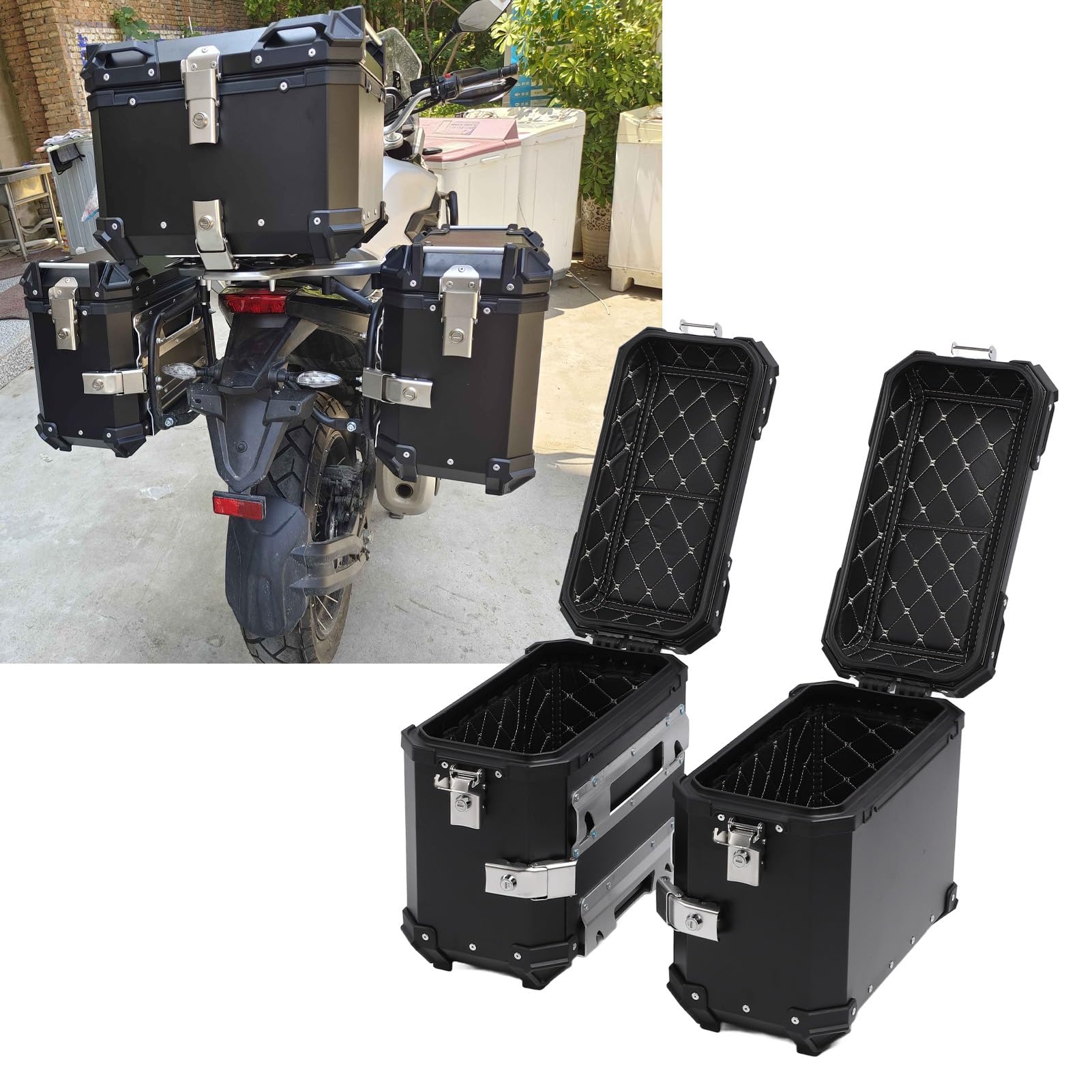 Drfeify Universeller Motorrad-Seitenkoffer, Aluminiumlegierung, Harte Seitenbox, 35 L, mit Schlosshalterung, Wasserdicht, Staubdicht, Reflektierendes Design für Tourenfahrer für (Black)