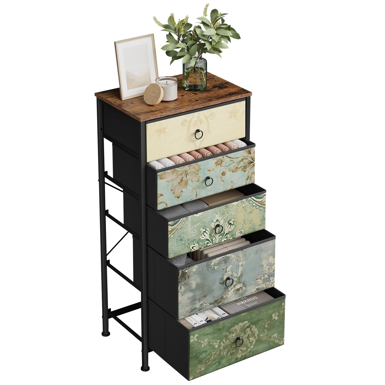 WOLTU Cassettiera, 5 Cassetti per Camera da Letto/Corridoio/Soggiorno, Marrone Rustico e Nero con Motivo Fiore Retrò, Struttura in Metallo, 45.5x30x95.5cm, SSK004pw