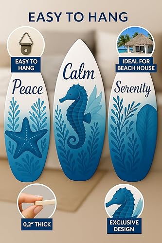 Miniatura 3 de JAGUAN Juego de 3 decoraciones de pared para tablas de surf, decoración rústica de madera ideal para decoración de casa de playa, elegante arte de