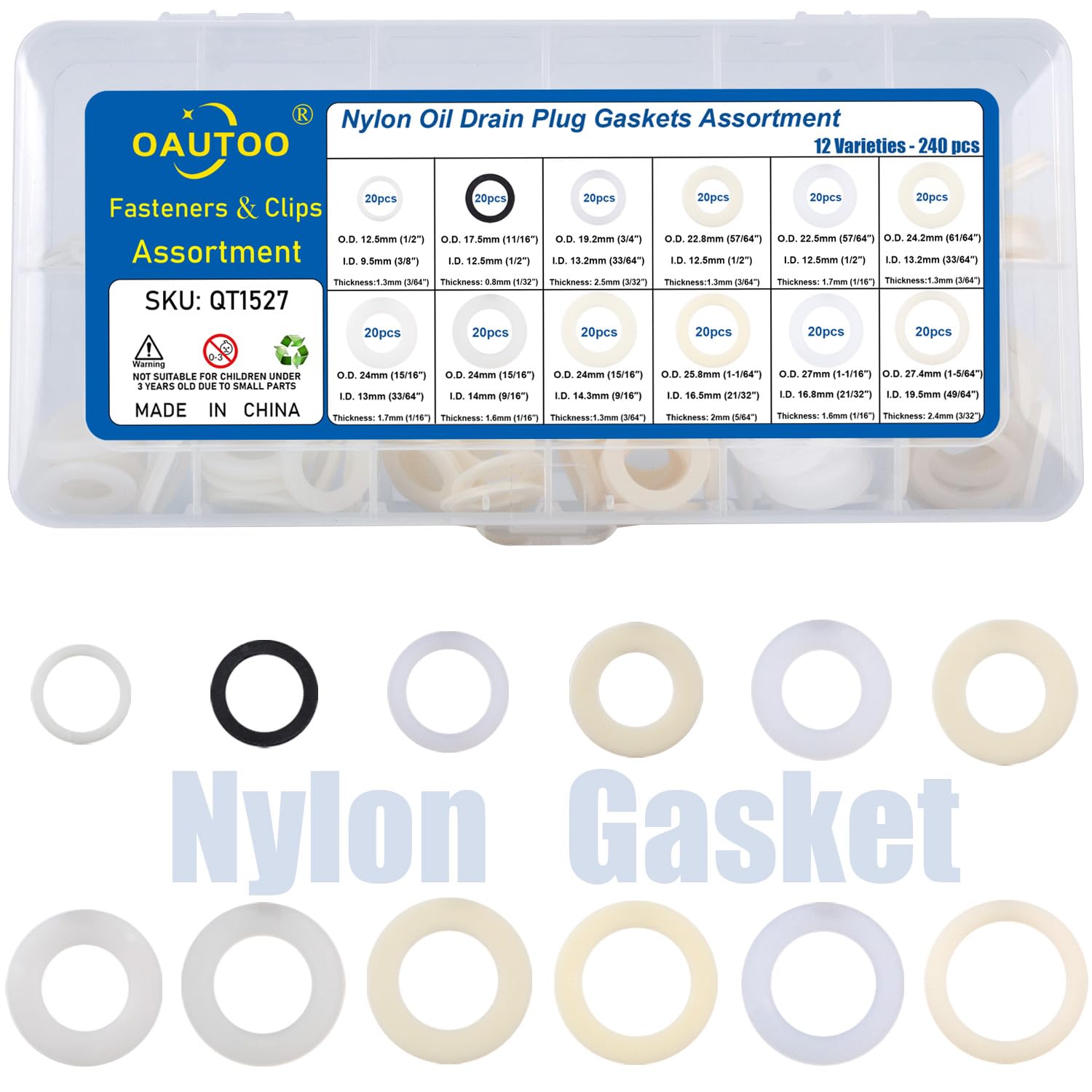 OAUTOO 240pcs Automotive Multipurpose Nylon Flat Washer Oil Drain Plug Gaskets Assortment