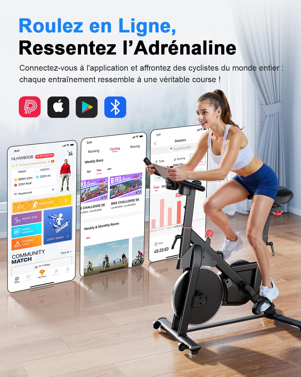 Vélo d'Appartement avec Écran LCD et Application, Résistance Magnétique Réglable, 136 kg
