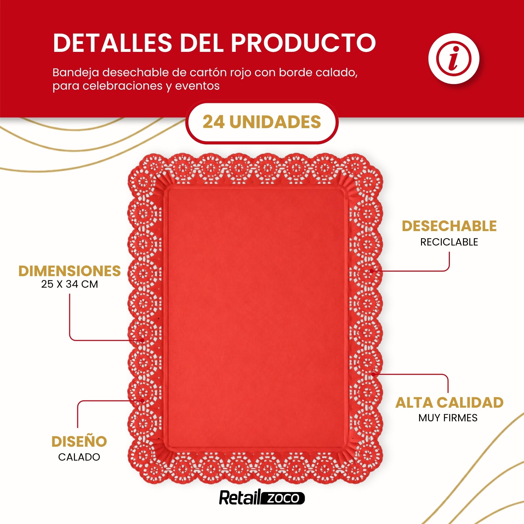 Bandejas de Cartón para Servir, Diseño Rojo, 24 Unidades - imagen 2