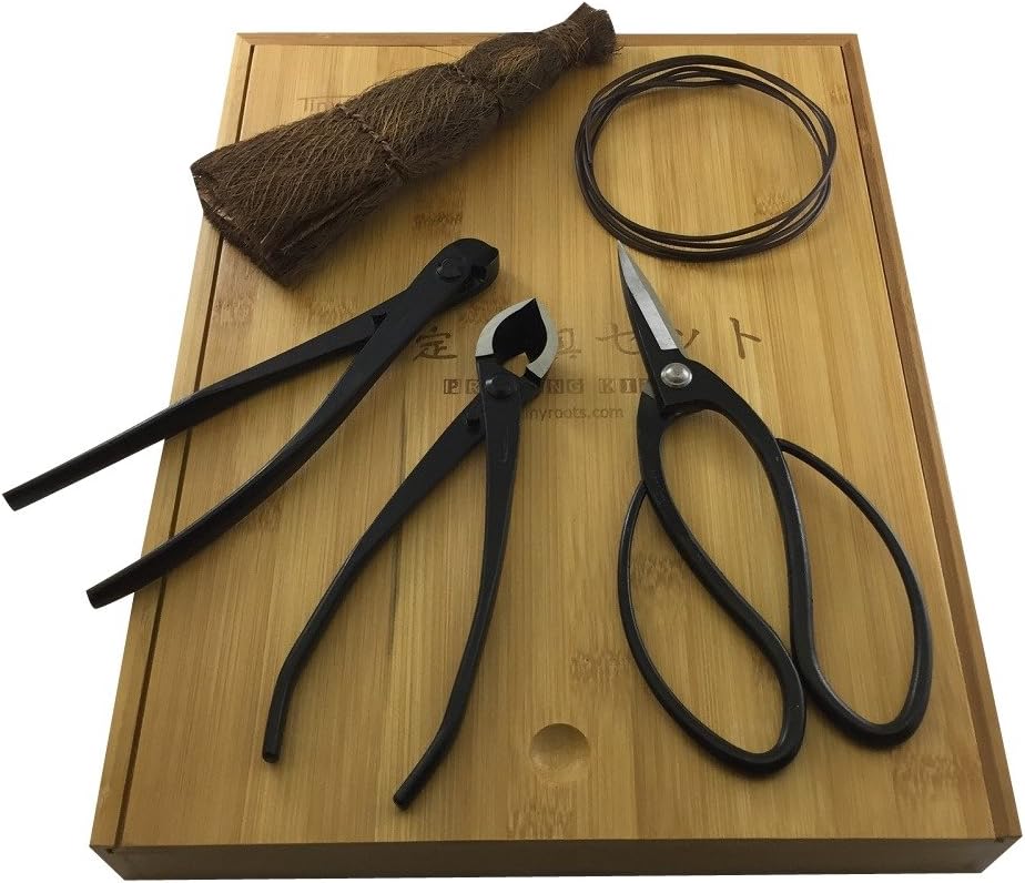 Tinyroots Bonsai Tools Kit, 5-Piece Set Includes: Traditional Butterfly Shaped Bonsai Shears, Concave Cutter, Wire Cutter, Genuine Hemp Broom, 2mm Bonsai Wire & Bamboo Storage Case