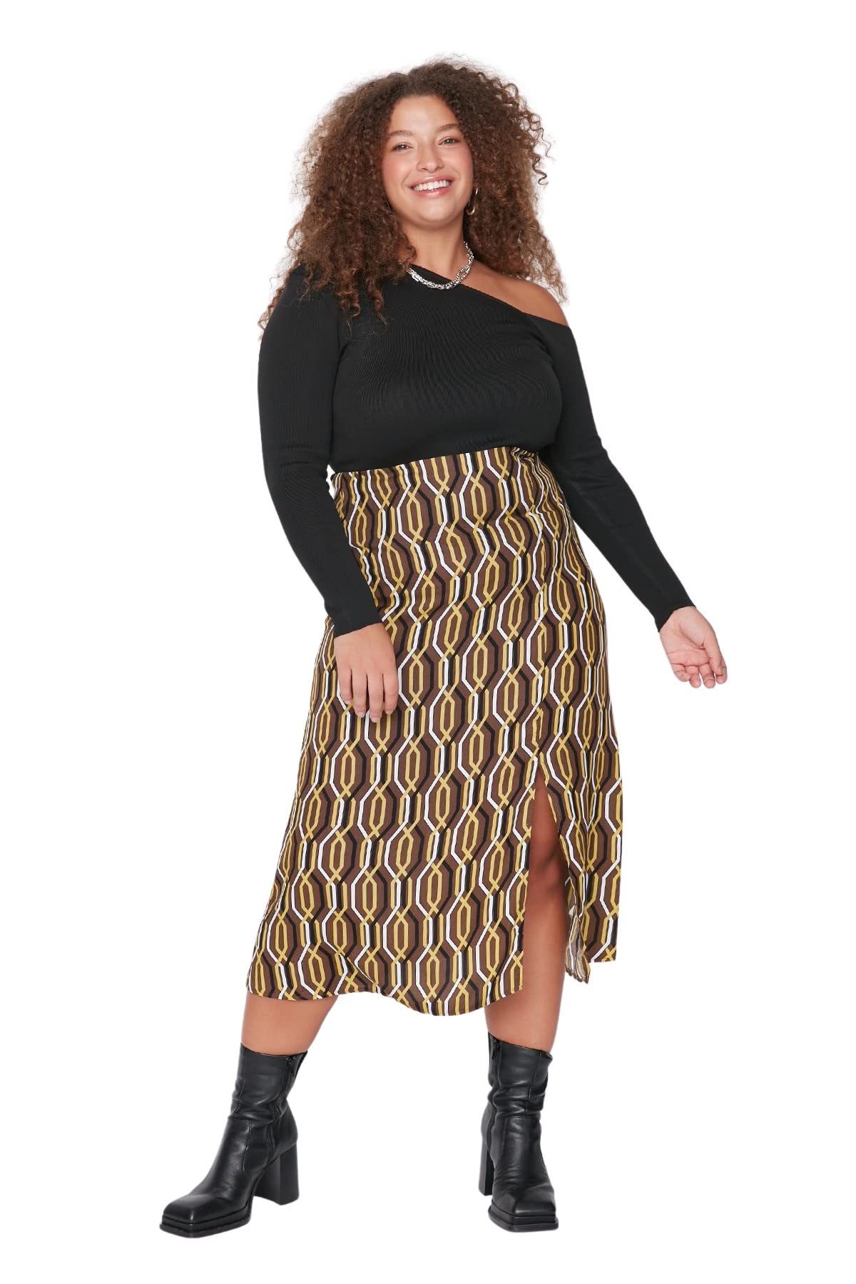 TRENDYOL Damen Trendyol Damen Große Größen Midi A-linie Rock mit Schlitz Webstoff Große Größen in Rock Skirt, Brown, 46 Große Größen EU