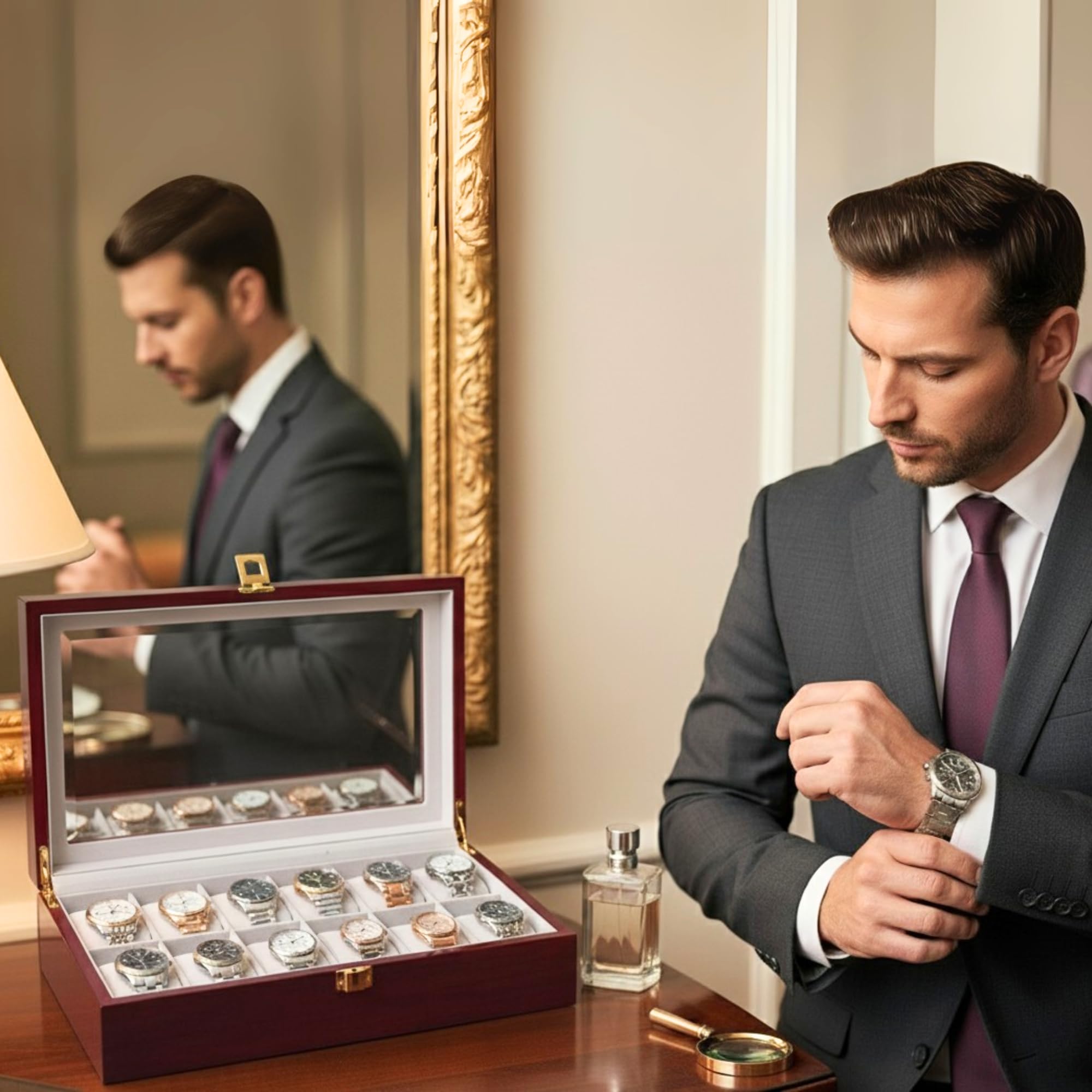 Boîtier de montre en palissandre de qualité supérieure avec finition brillante – Boîte à montres à 12 emplacements avec couvercle en verre – Organiseur de luxe pour montres pour homme et