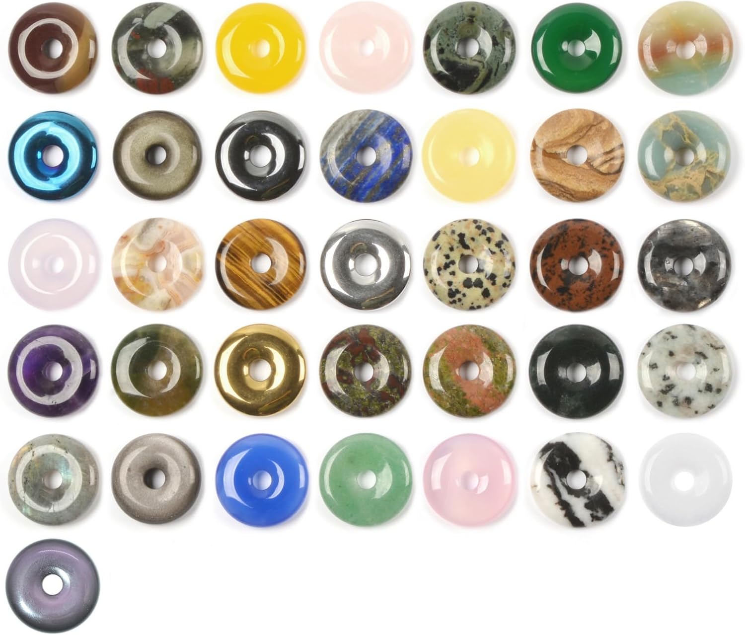 Wholesale Assorted Peace Donut Healing Crystal 20mm Circle Mini Coin Shaped Stone Pendant Beads for DIY Jewelry Making(Pack of 24)