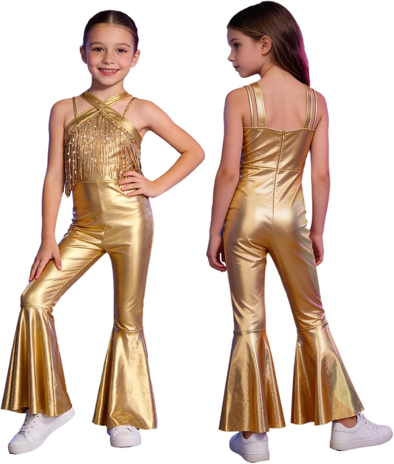 Girls Sequin Fringe Latin Dance Jumpsuit Sleeveless Halter Bell Bottom Hip Hop Jazz Performance Leotard