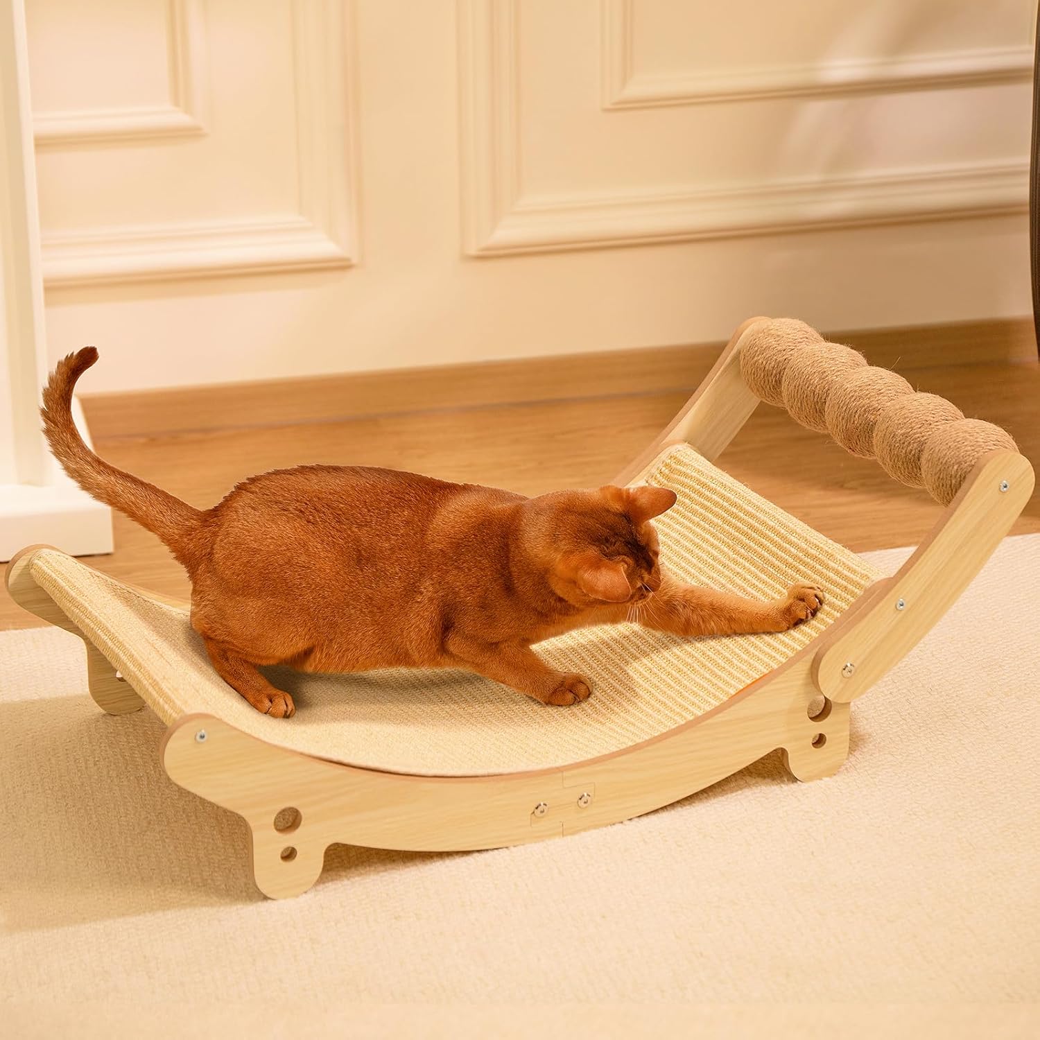 Cat Scratcher Bed - 31.5 inch Extra Large Cat Scratching Pad with Toy Balls for Indoor,Natural Sisal Durable Scratch Post for Cats Scratcher Lounge,Wooden Cat Furniture(Large)