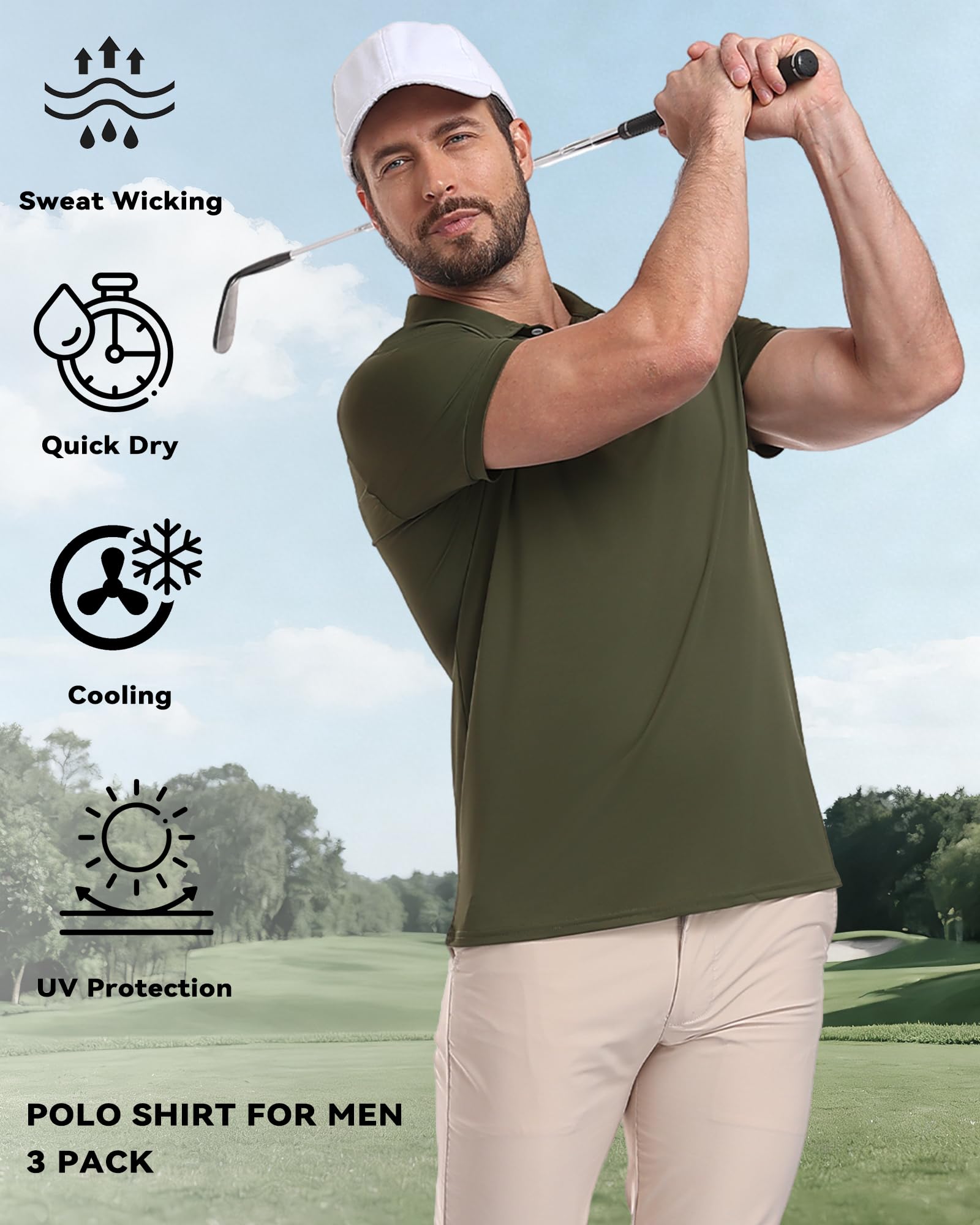 KUYIGO 3 Pack Mens Polo Shirts Short Sleeve Moisture Wicking Quick Dry Performance Summer Casual Athletic Golf Shirt - 4
