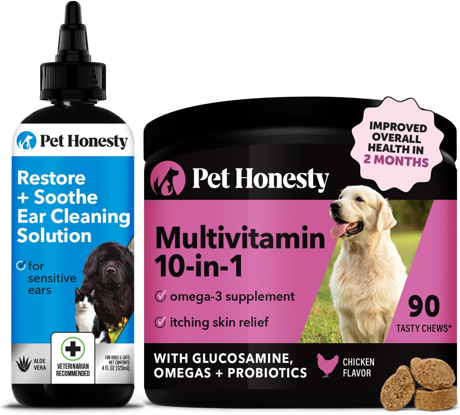 Restore + Soothe Ear Cleaner for Dogs & Cats (Aloe Vera) 4oz + Multivitamin Dog Supplement with Glucosamine, Probiotics, Omega Fish Oil for Skin and Coat Allergies (Chicken 90 ct)