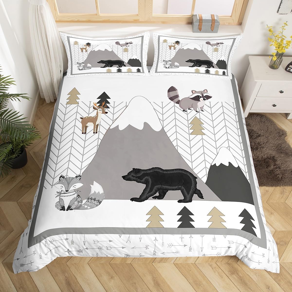 feelingyou Cute Animals Double Size Cartoon Fox Bear Bedding Set for Kids Girls Women Adults Mountains and Trees Duvet Cover Set Kids Cartoon Quilted Cover Set Bedroom Collection 3Pcs - Image 3