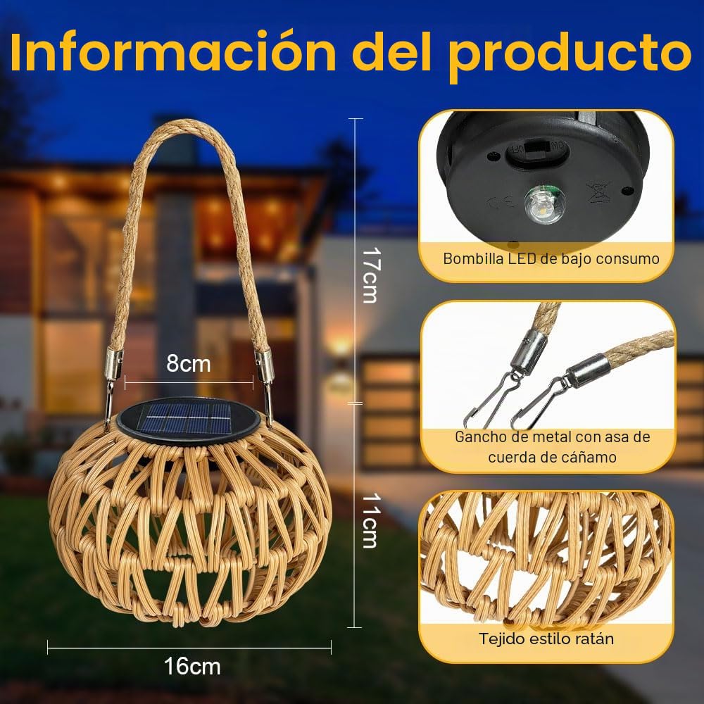2 Piezas Farolillos Solares Exterior Colgante/De Pie, Ratán Lampara Solar Exterior Jardin, IP65 Impermeable Luz Solar Exterior Mesa, Linterna Solar Decoracion Jardin Exterior Terraza Balcón Patio