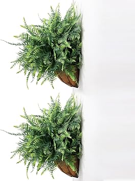Faux Boston Fern with Hanging Basket 18in Fake Hanging Fern, Lifelike Artificial Plants for Outdoors, Wall-Mount Decor for Porch, Patio, Balcony, or Garden 2, Green