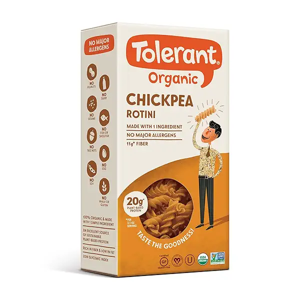 Tolerant Organic Chickpea Rotini Pasta (8 oz) - Free from Allergens - Gluten Free, Vegan, Paleo, Plant Based Protein Pasta - Non GMO, Kosher - Made with 1 Single Ingredient 1