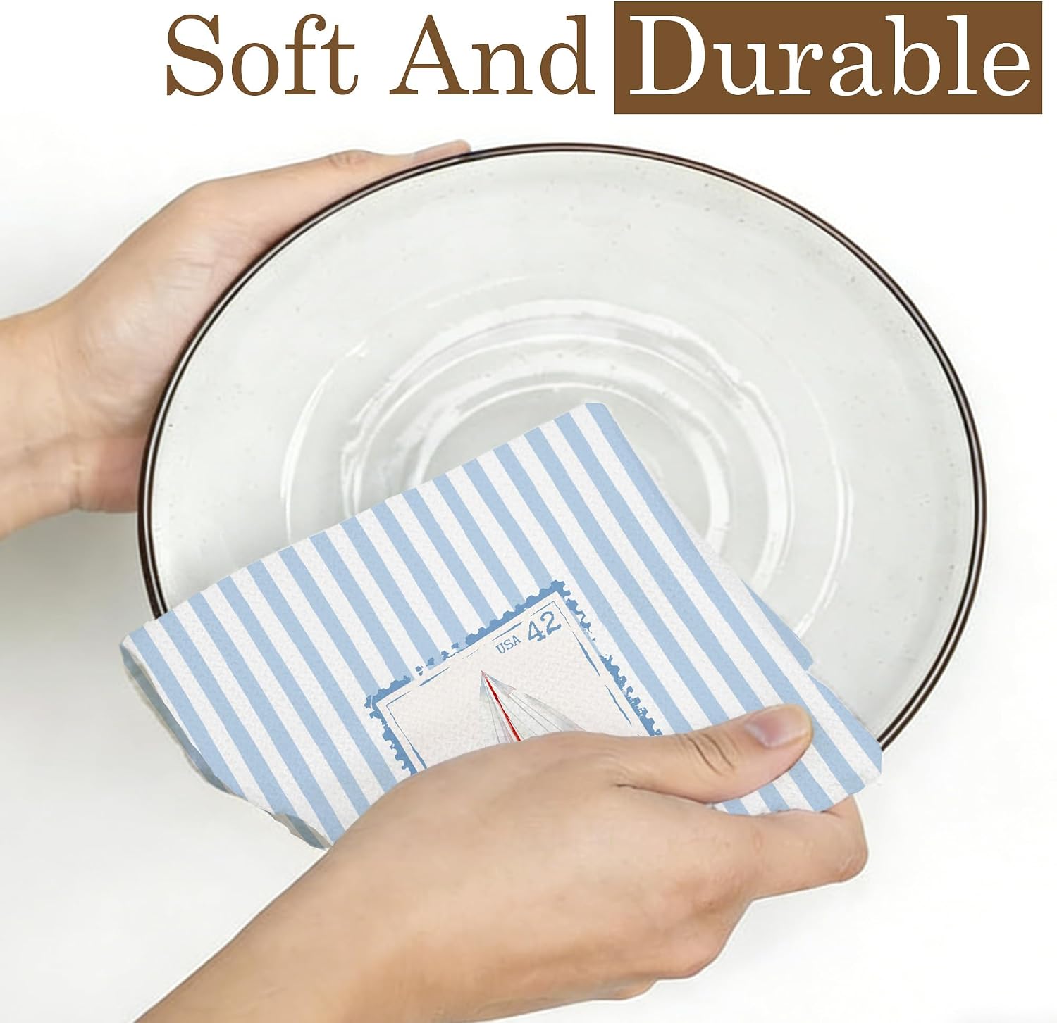 Blue Nautical Coastal Beach Lobster Kitchen Towels, Sailboat Ocean Lobster Blue and White Striped Decorative Dish Tea Hand Towels for Kitchen Bathroom, 16x24 Inch Set of 2