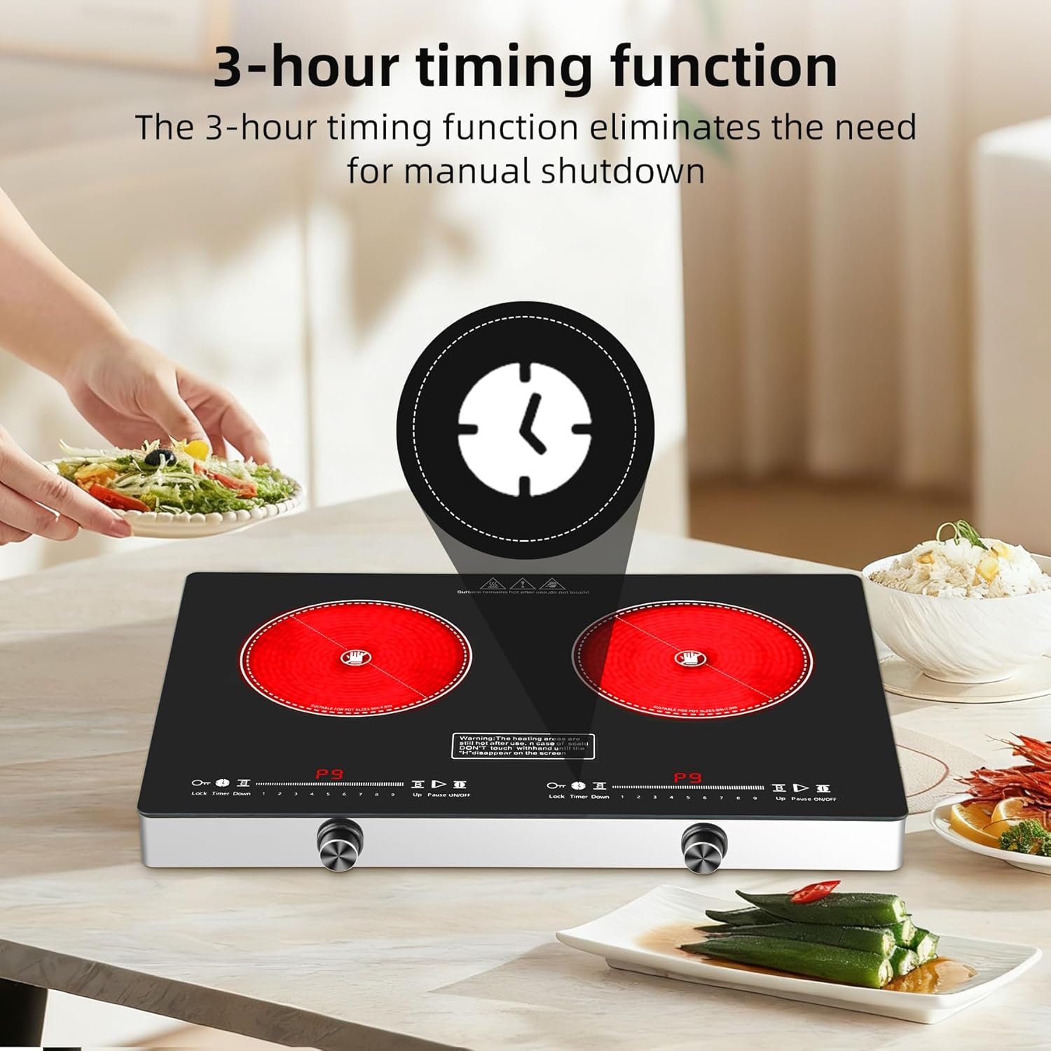 Electric Cooktop,110V 2500W Electric Stove Top with LED Knob Control,9 Power Levels, Kids Lock & Timer,Overheat Protection stove,24 Inch 2 burner cooktop
