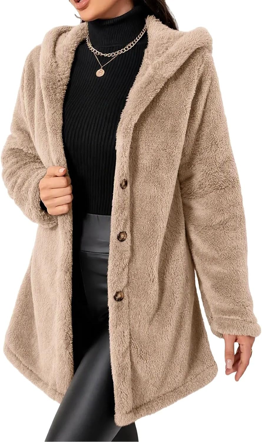 Women's Fuzzy Coat Hooded Button Front Long Sleeve Classic Jacket