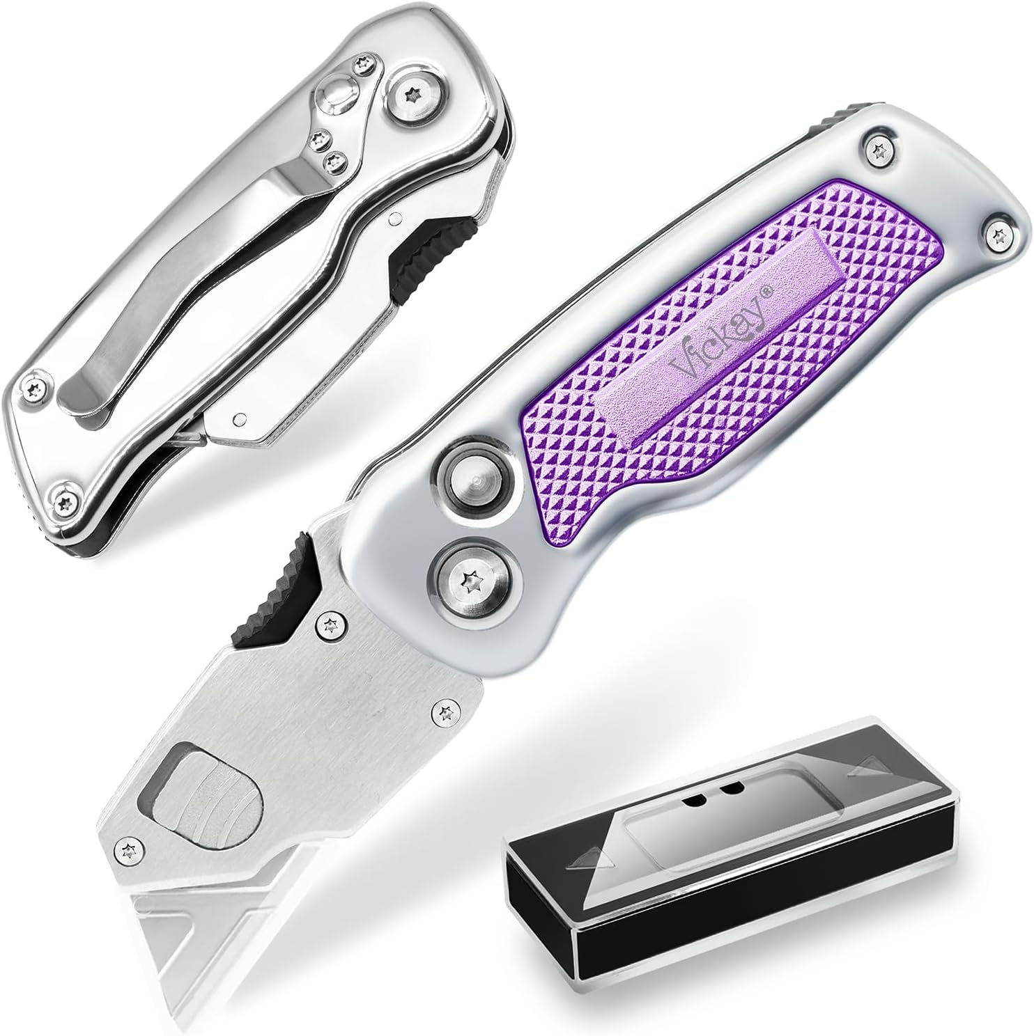 Vickay Box Cutter, Utility Knife with Belt Clip, Stainless Steel Body Handle, Quick-change Blade and Safety Axis Lock, Razor Knife, Cardboard Cutter with Extra 5PC SK5 Blades (Purple)