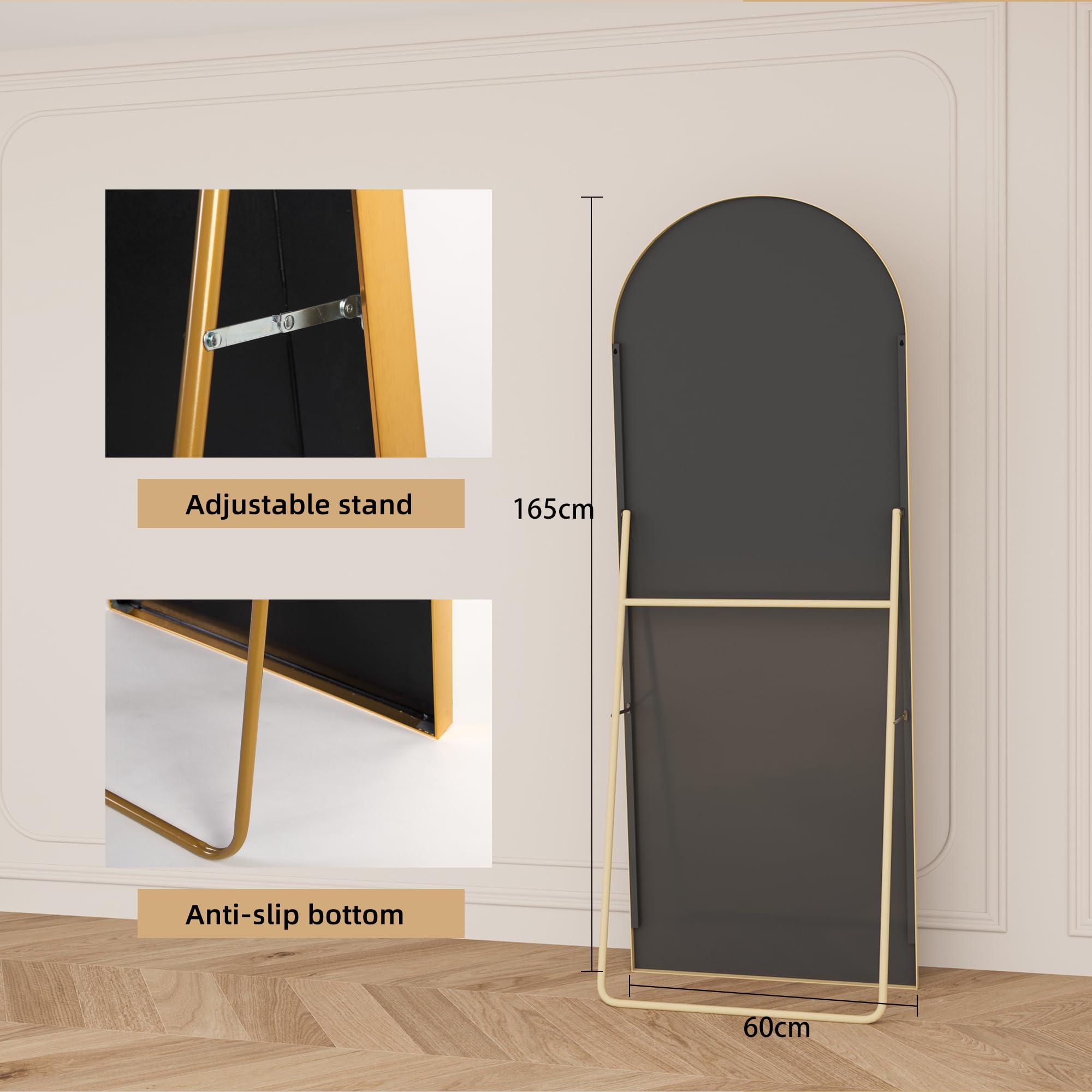 Łukowe lustro na całe ciało, 165 x 60, duże lustro podłogowe z aluminiową ramą, duże lustro ścienne do stania, oparcia lub zawieszenia, łukowate lustro stojące do sypialni, salonu (złote)