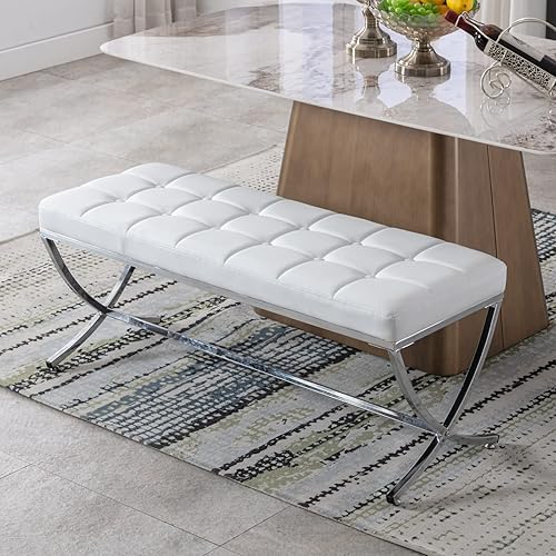 LukeAlon Moderno banco de comedor de piel sintética, banco otomano con botones copetudos con acabado cromado en forma de X, banco tapizado para el