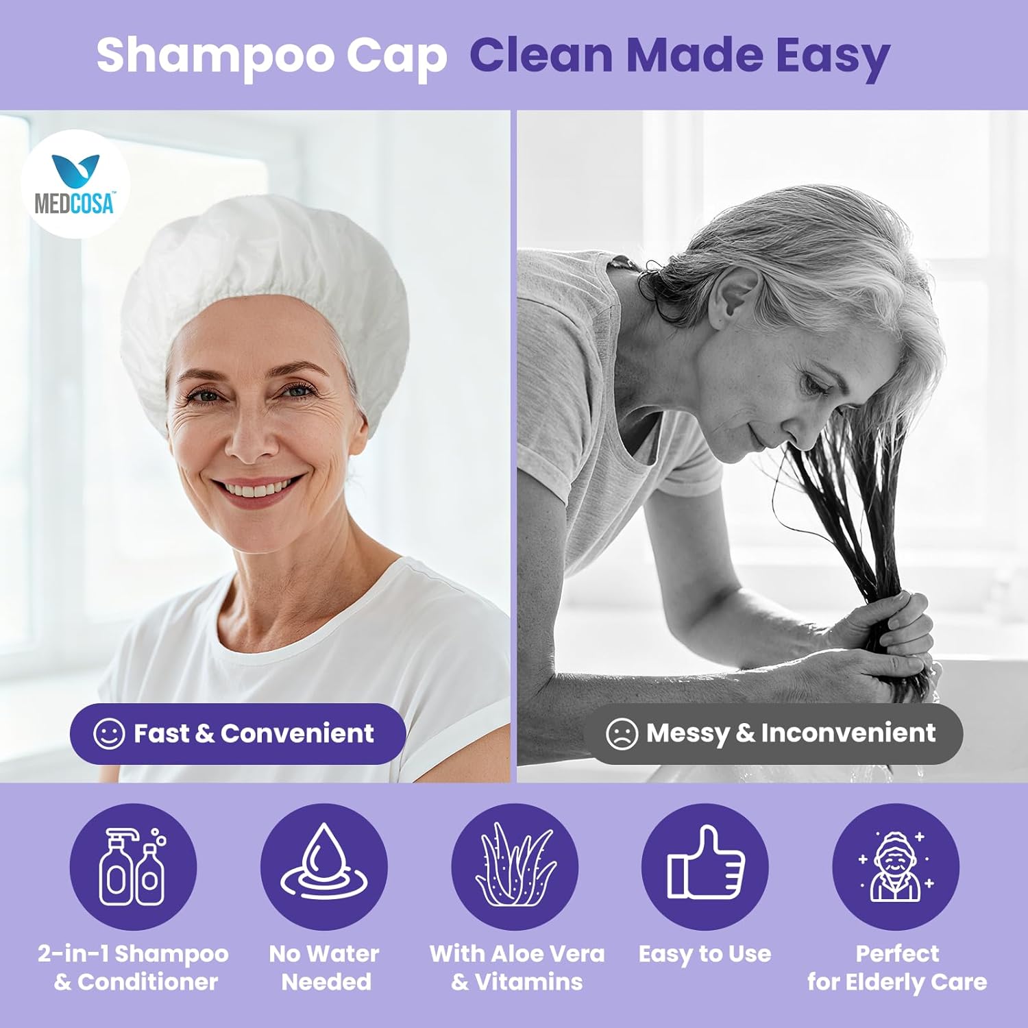 Medcosa Shampoo Caps No Rinse - Shampoo Caps for Bedridden Patients - Hassle-Free Hair Washing Cap for Elderly - Aloe, Vitamin E, Chamomile - 5-Pack