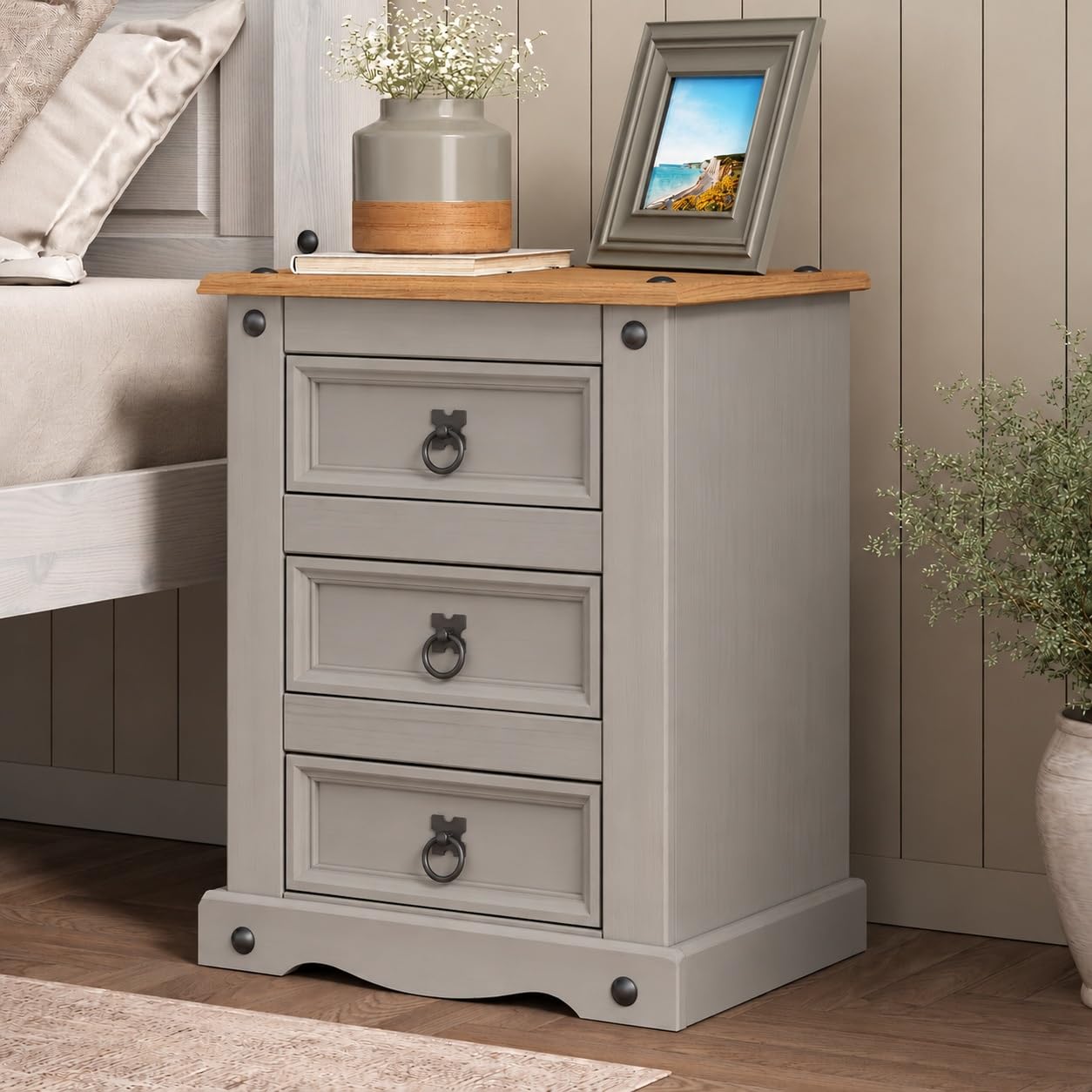 Corona Grey 3 Drawer Bedside Table Cabinet, Solid Pine Wood Painted Mexican Style Nightstand with Waxed Pine Top, Rustic Bedroom Storage Unit, 60cm H x 48cm W x 35cm D