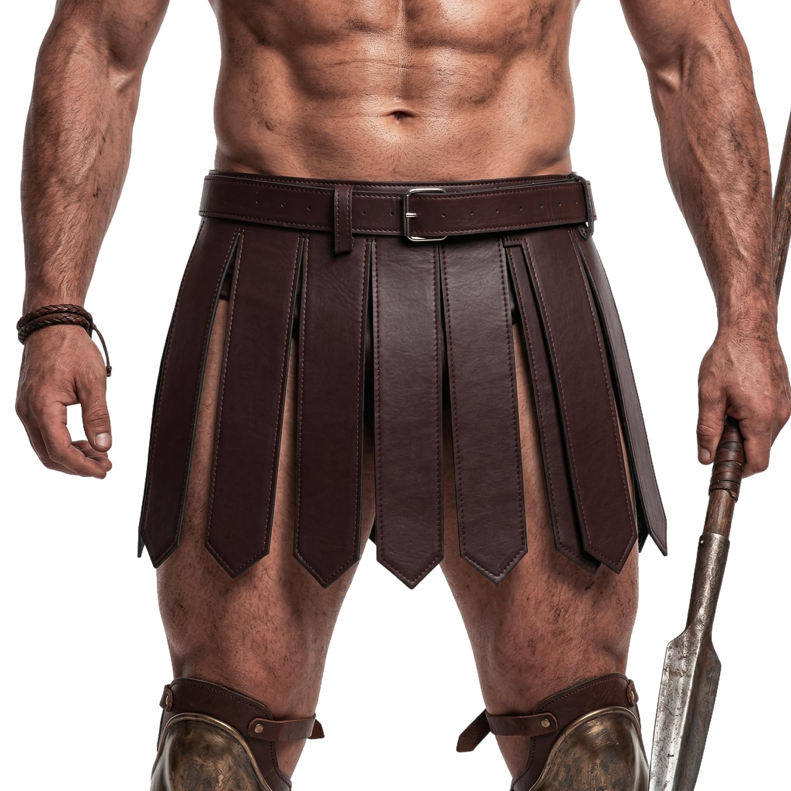 FakeFace Medieval Leather Armor Skirt for Men Warrior Roman Tassel Waist Belt with Adjustable Buckle Gothic Gladiator Tassel Skirt, Coffee